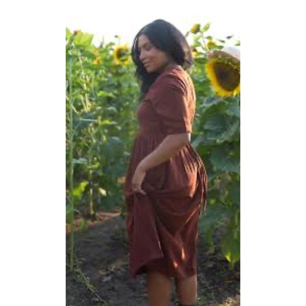 Little Cottonwood Terracotta Rust Linen Blend Button Front Midi Dress Pockets L